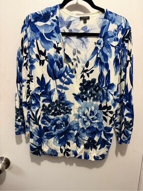 Talbots White and Blue Floral Knit Cardigan
